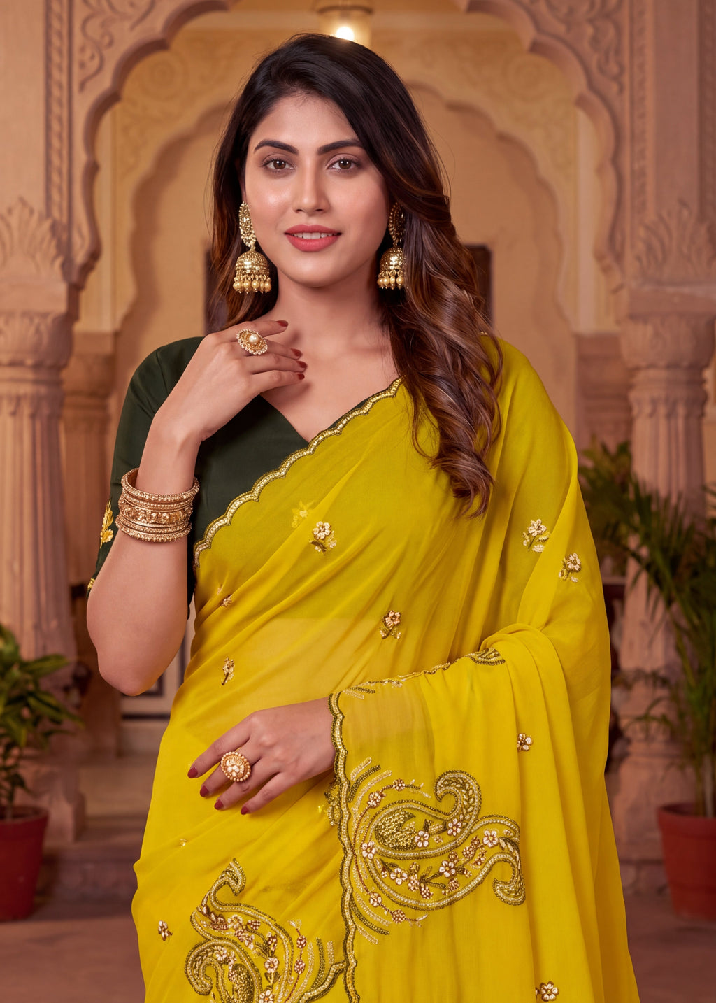 Festive Paisley Embroidered Georgette Saree