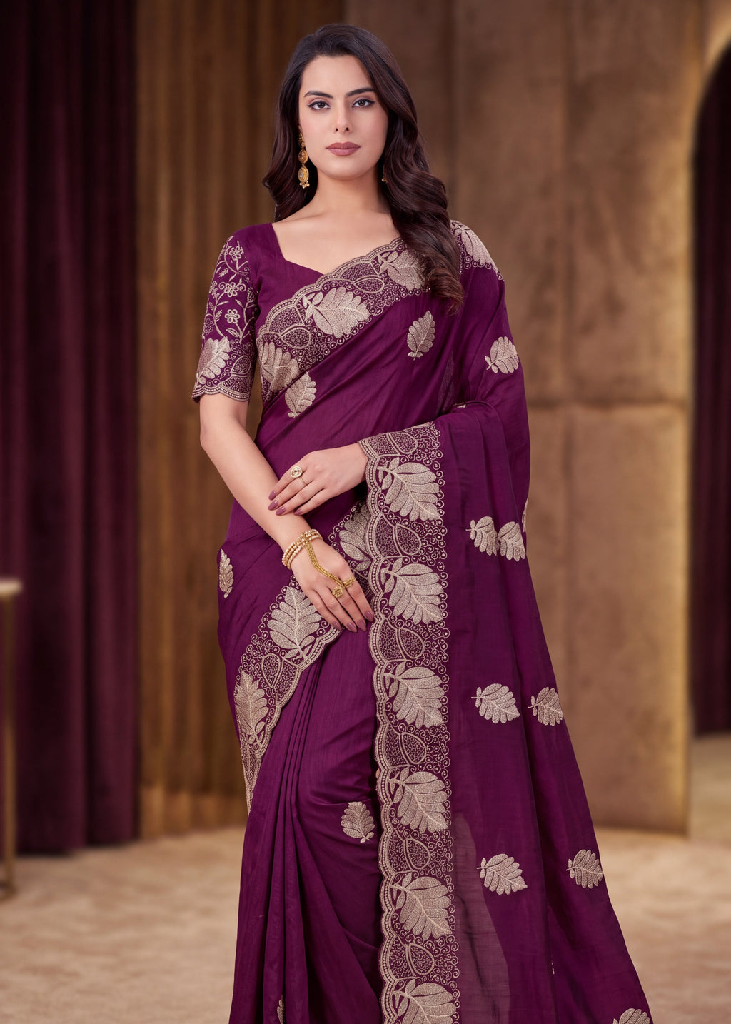 Elegant Soft NC Vichitra Floral Embroidery Saree