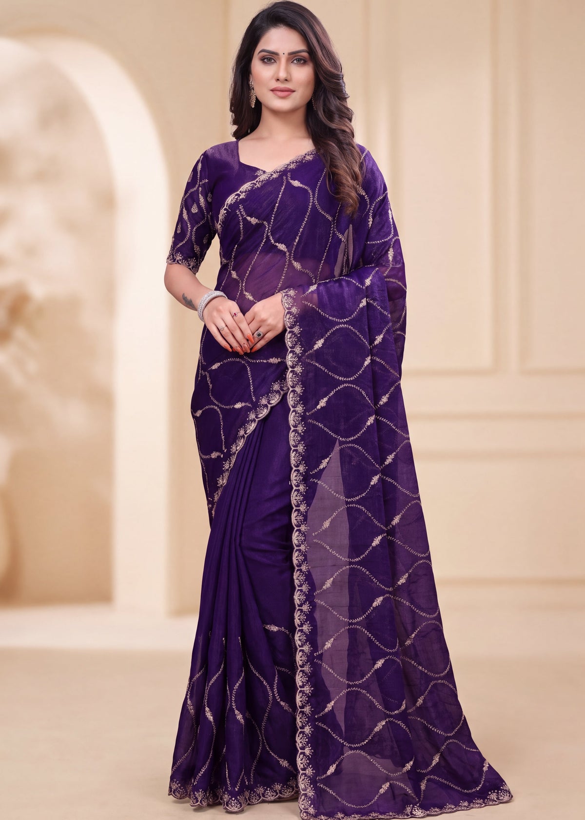 Fendy Chiffon Zari Work Designer Saree