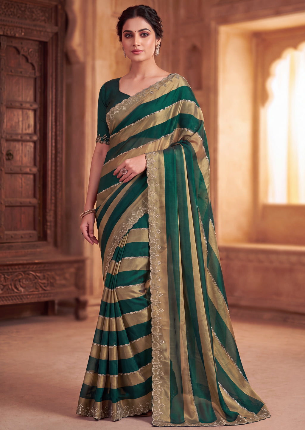 Golden Stripes Silver Zari Luxe Designer Satin Saree