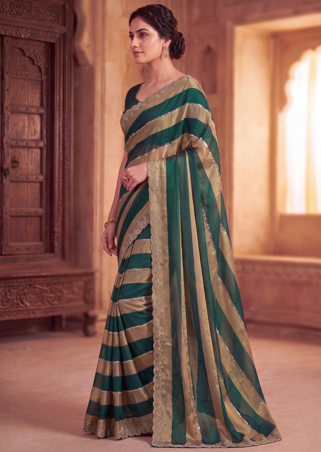 Golden Stripes Silver Zari Luxe Designer Satin Saree
