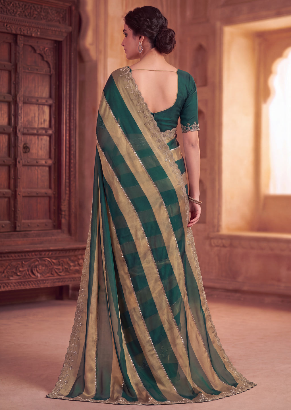 Golden Stripes Silver Zari Luxe Designer Satin Saree