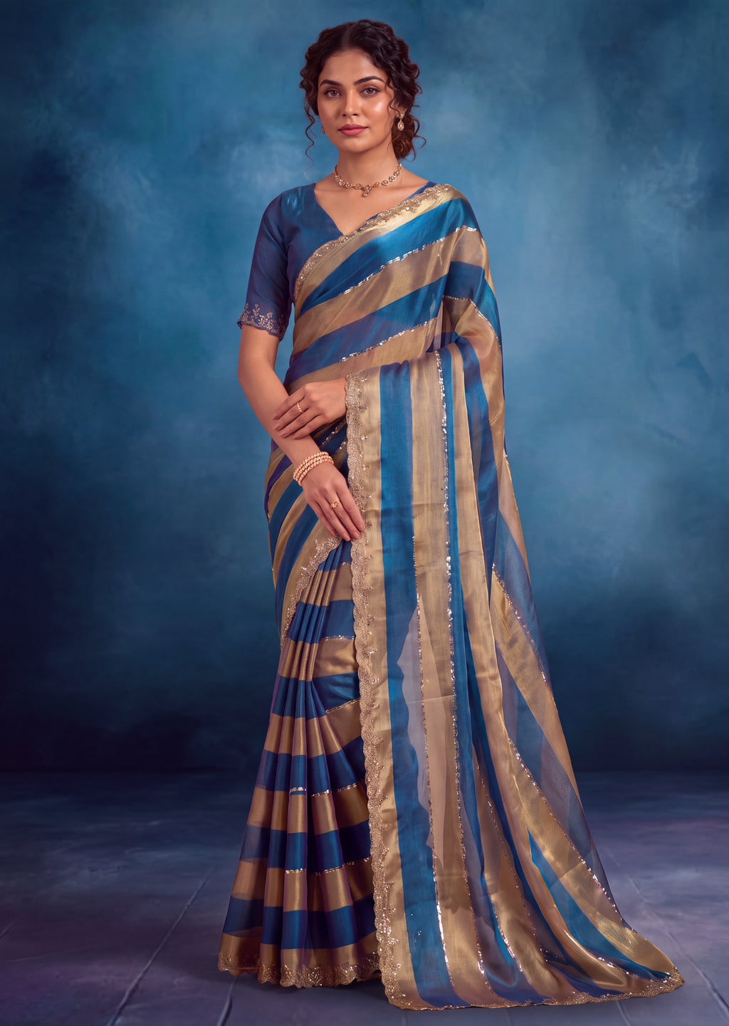 Golden Stripes Silver Zari Luxe Designer Satin Saree