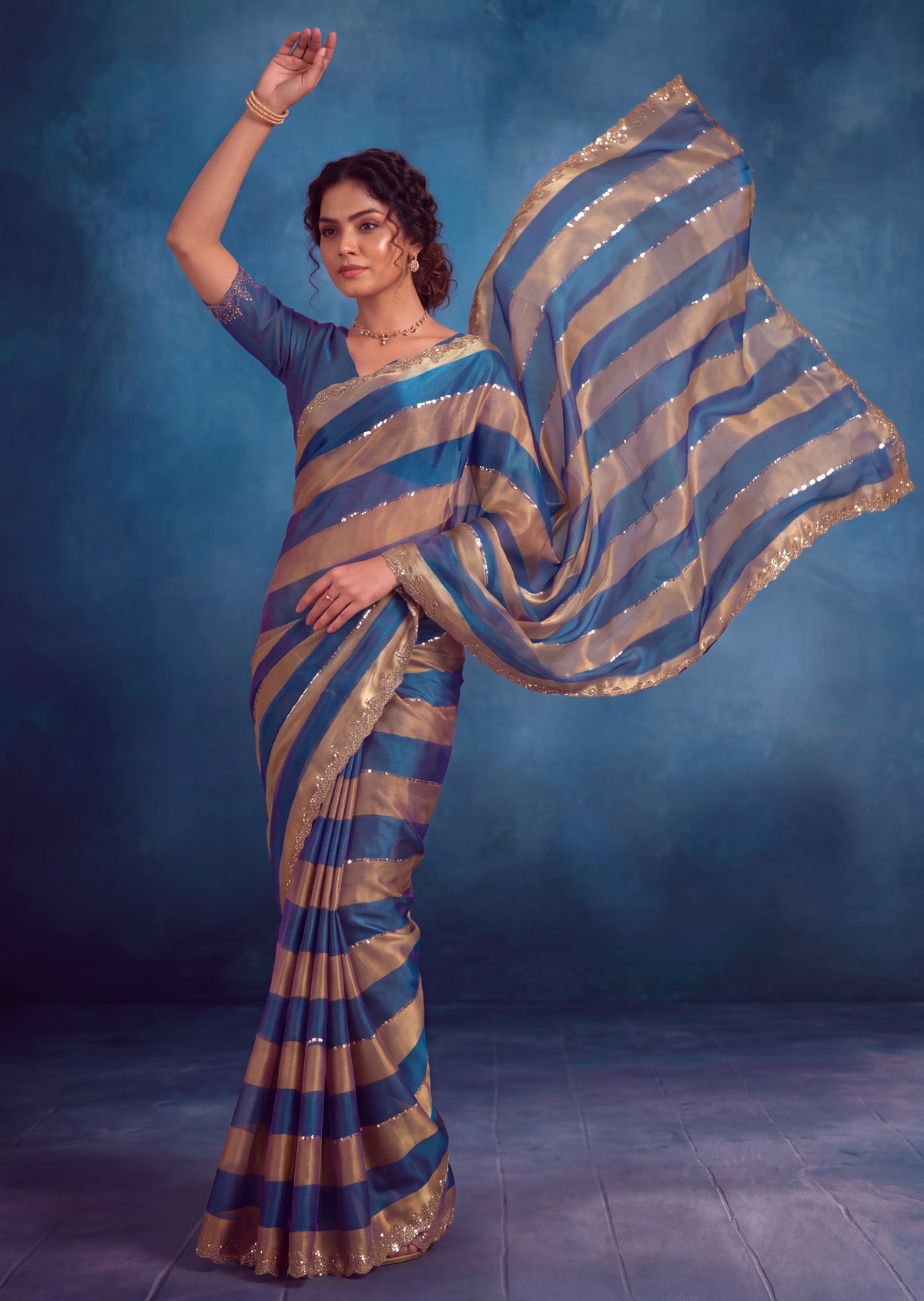 Golden Stripes Silver Zari Luxe Designer Satin Saree