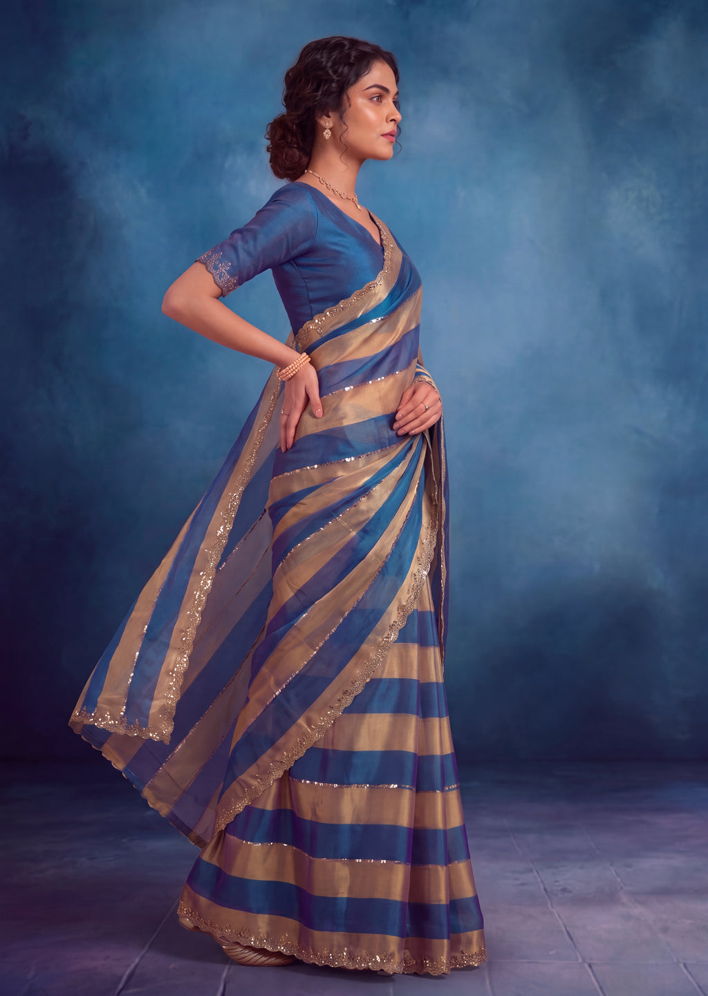 Golden Stripes Silver Zari Luxe Designer Satin Saree