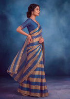 Golden Stripes Silver Zari Luxe Designer Satin Saree