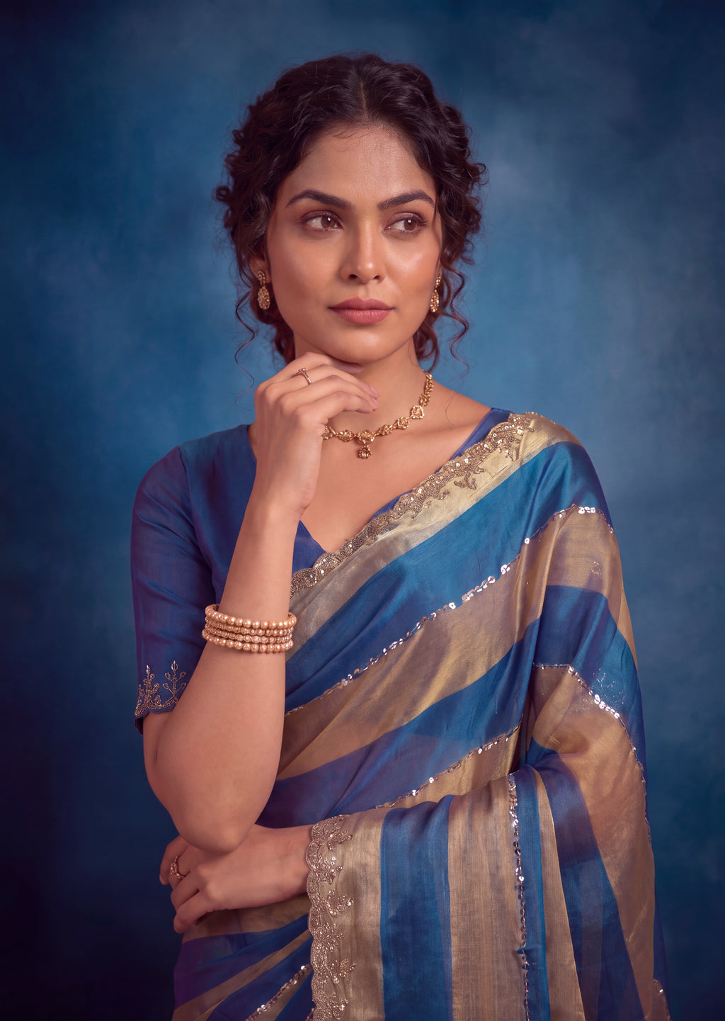 Golden Stripes Silver Zari Luxe Designer Satin Saree