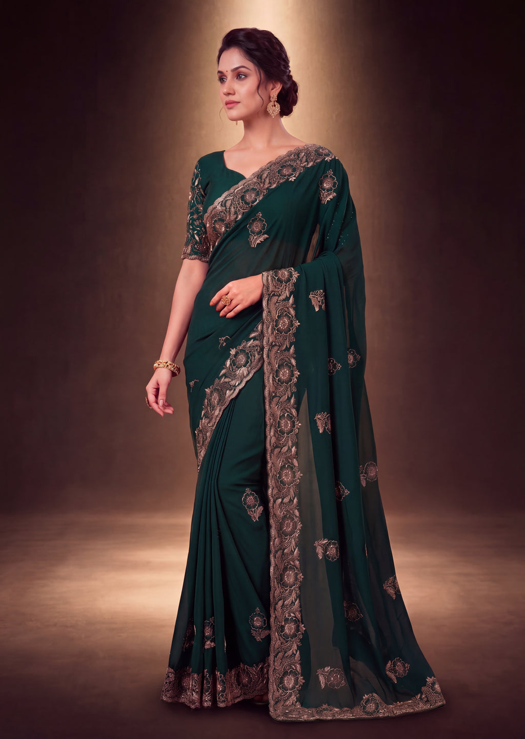 Graceful Emerald Chiffon Embroidered Saree