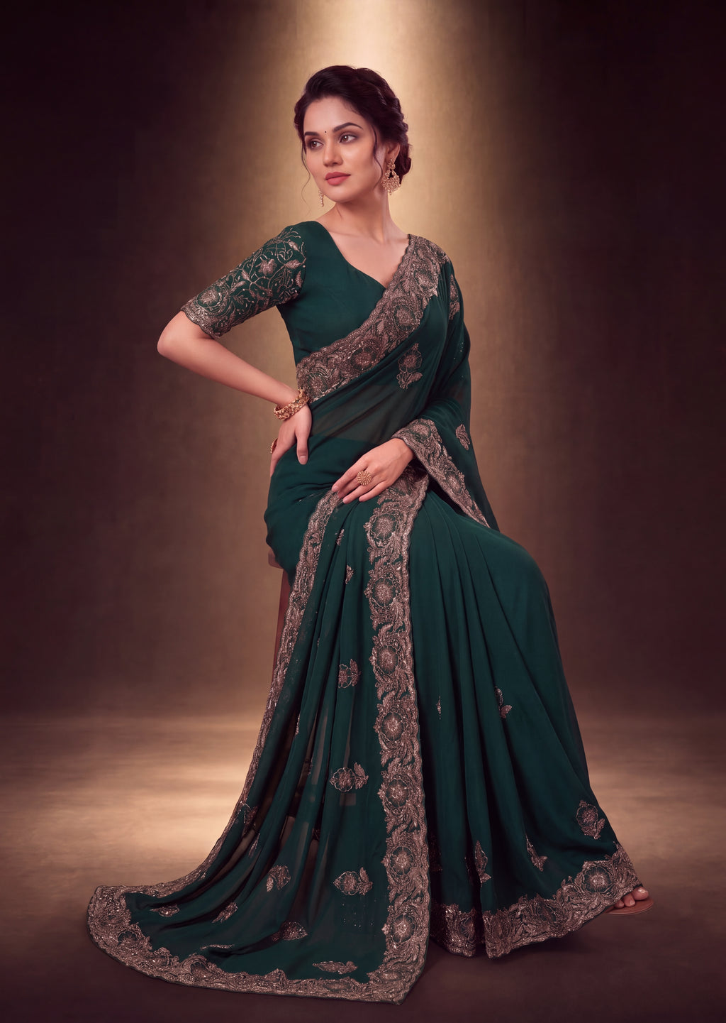 Graceful Emerald Chiffon Embroidered Saree
