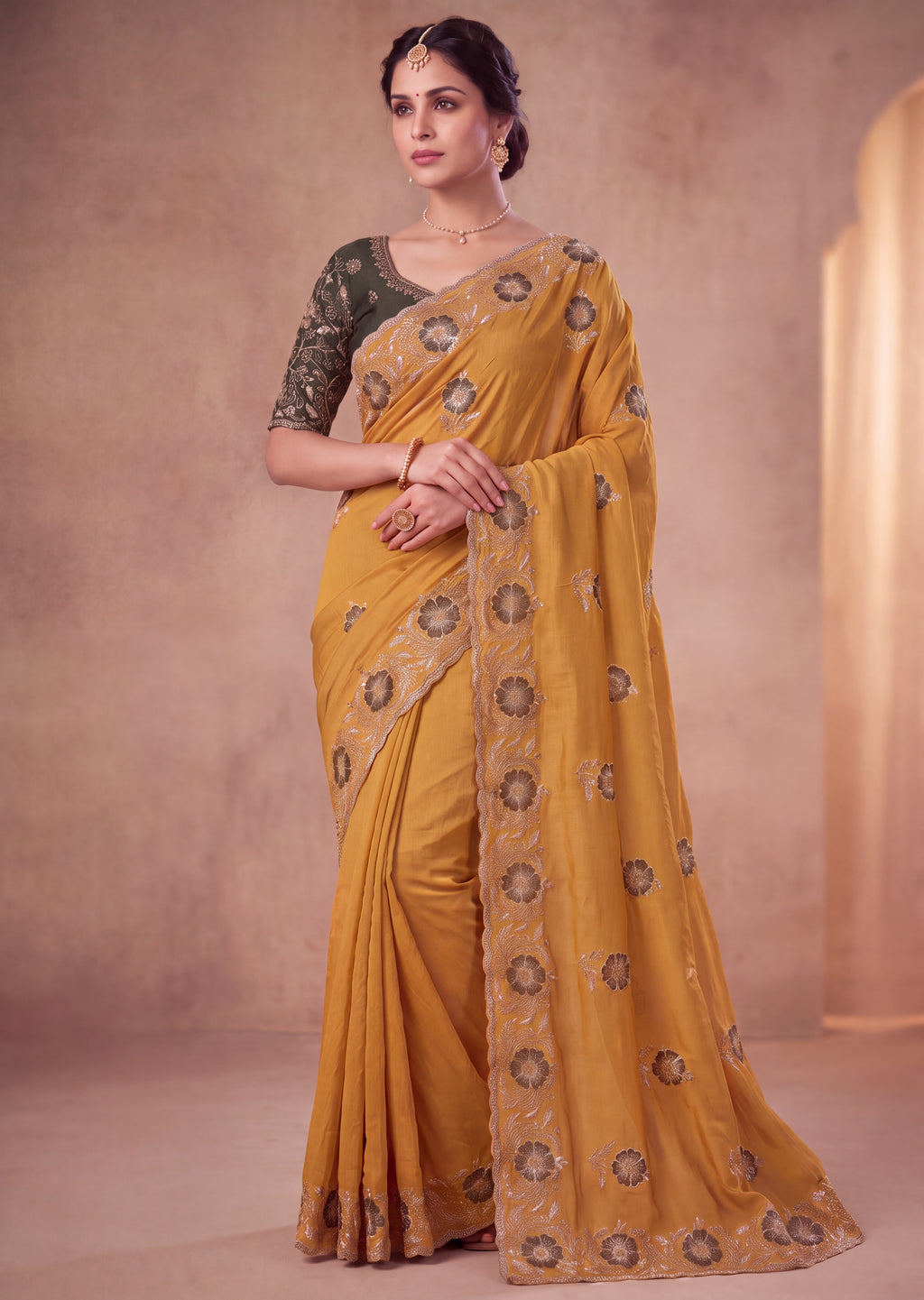 Designer Emerald Chiffon Embroidered Saree
