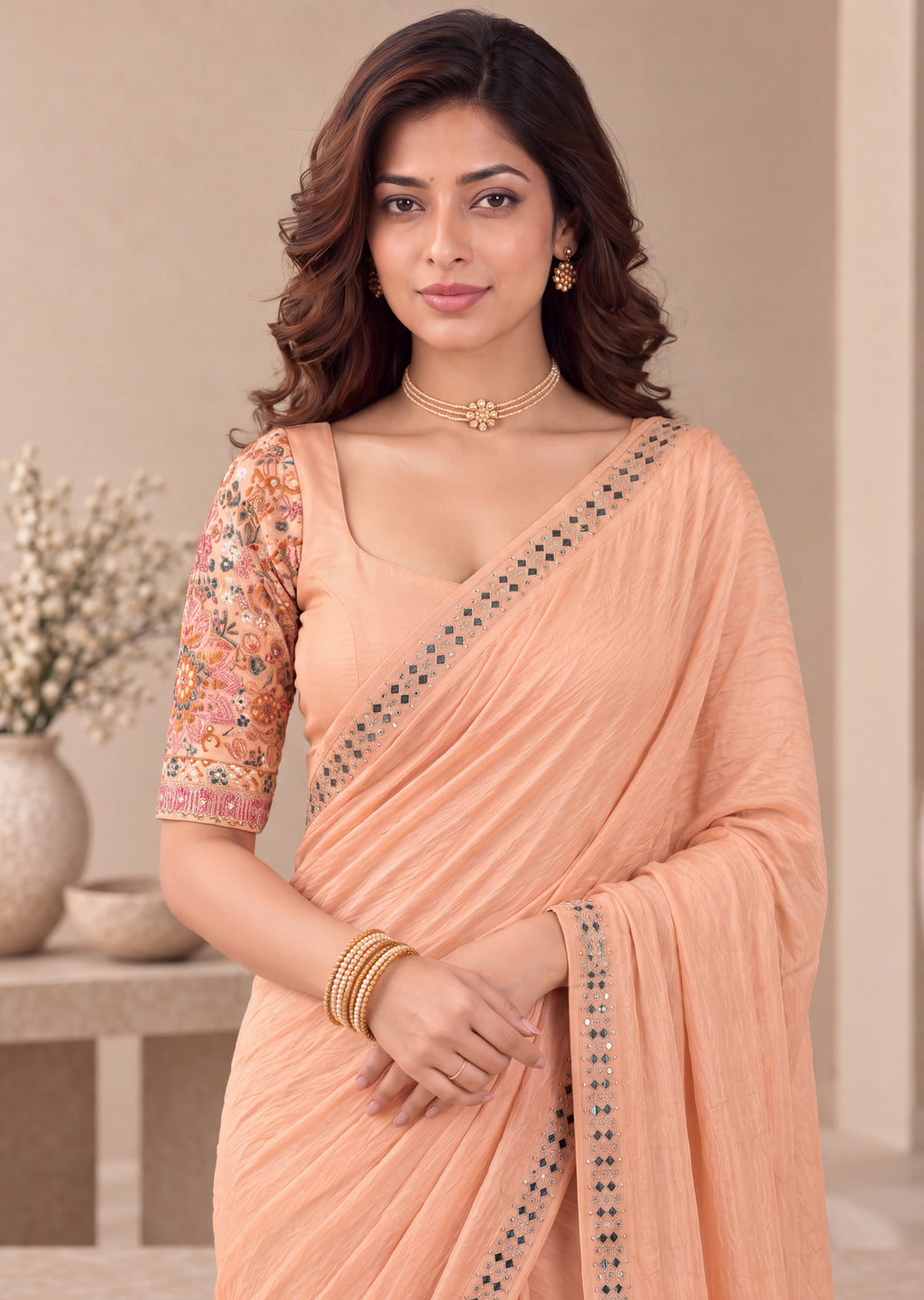 Embroidered NC Satin Saree with Designer Blouse