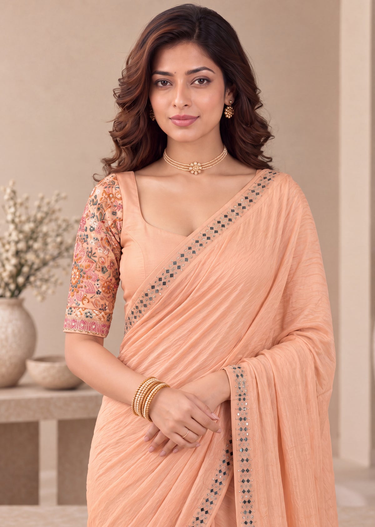Embroidered NC Satin Saree with Designer Blouse