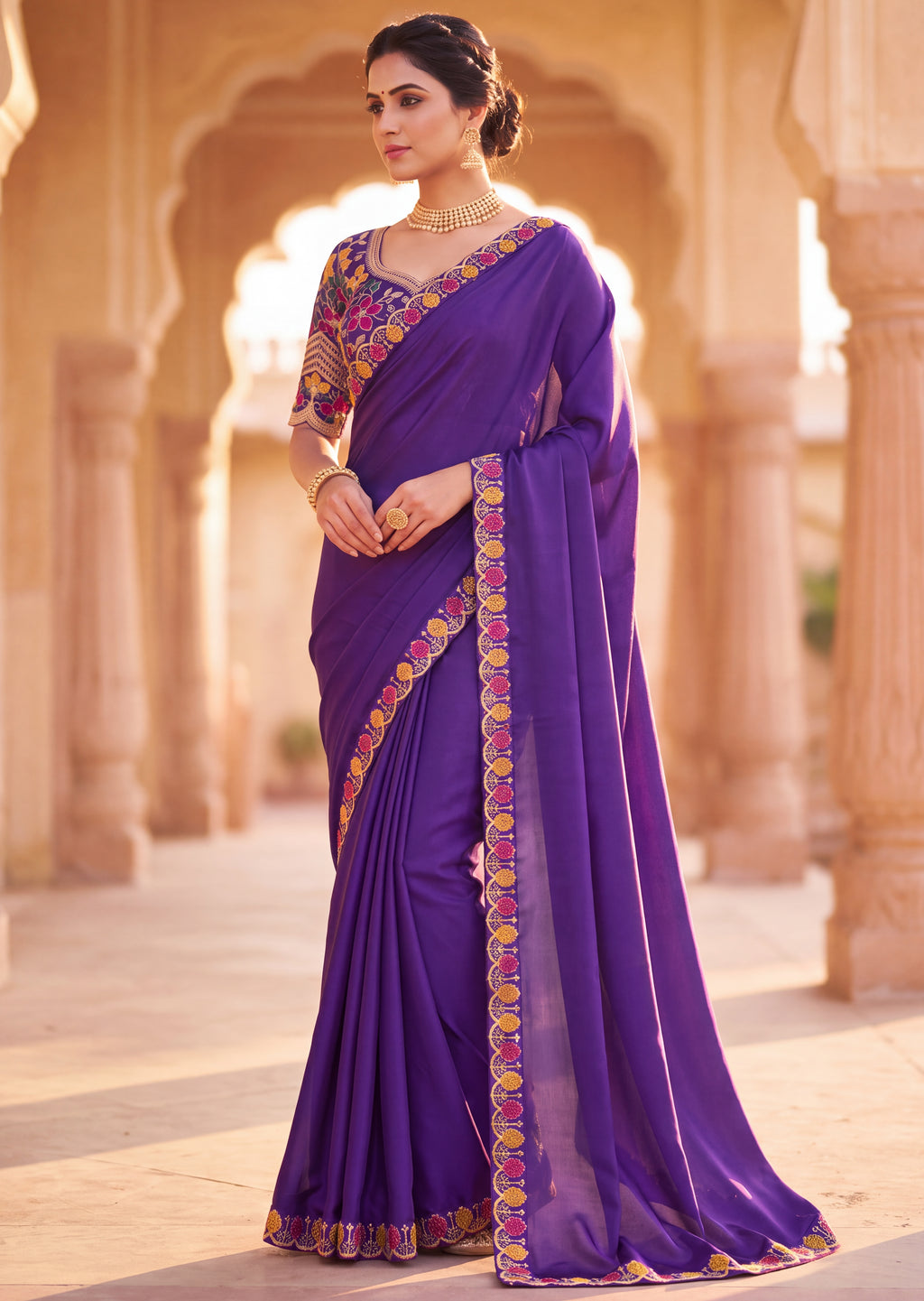 Floral Embroidered Saree with Scalloped Border