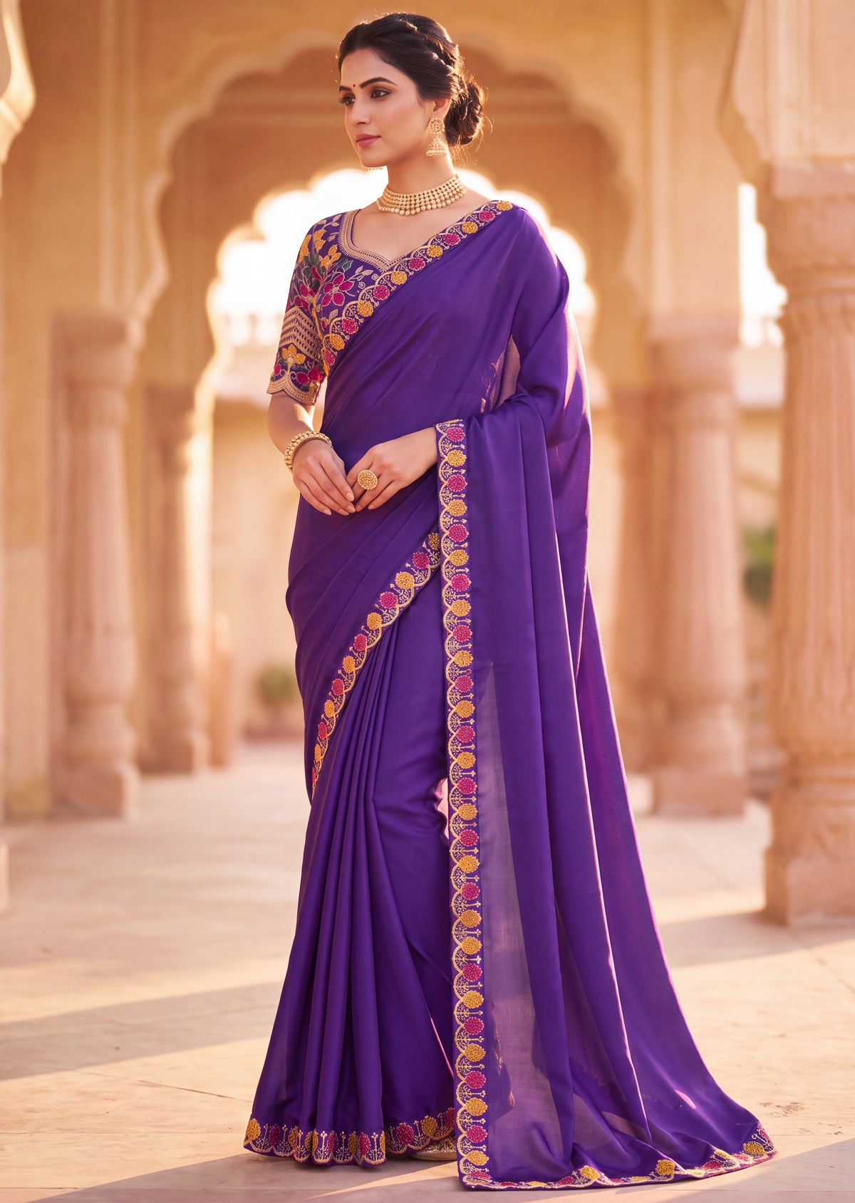Floral Embroidered Saree with Scalloped Border