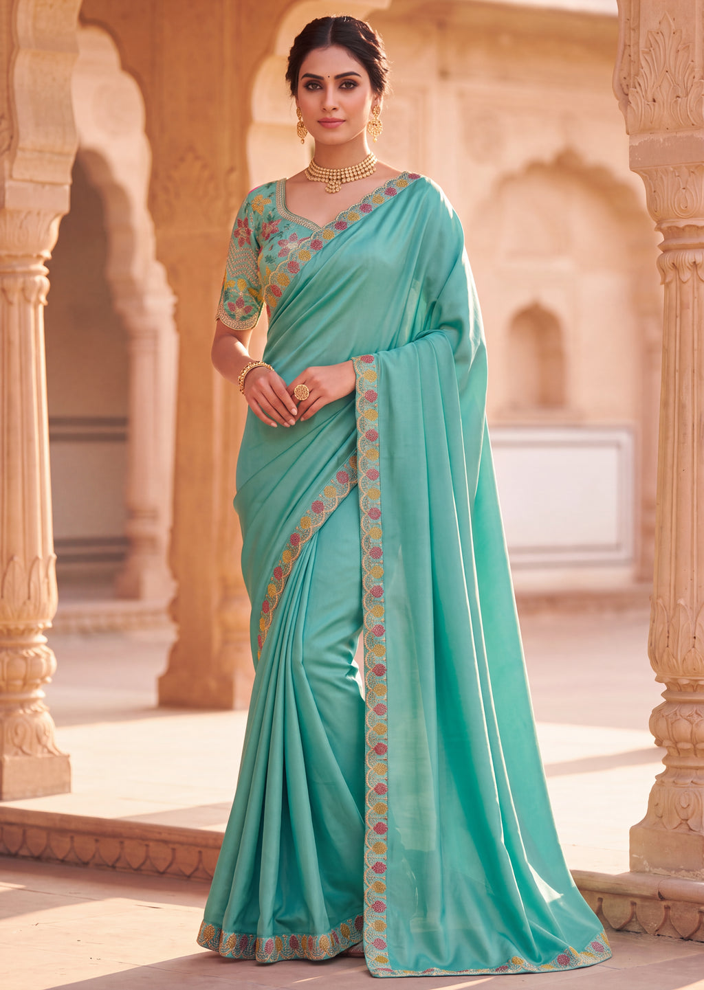 Floral Embroidered Saree with Scalloped Border