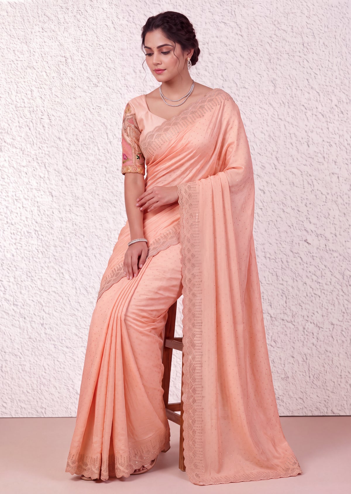 Pearl-Embellished Scalloped Border Saree