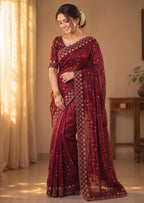 Floral Embroidered NC Satin Saree with Designer Border