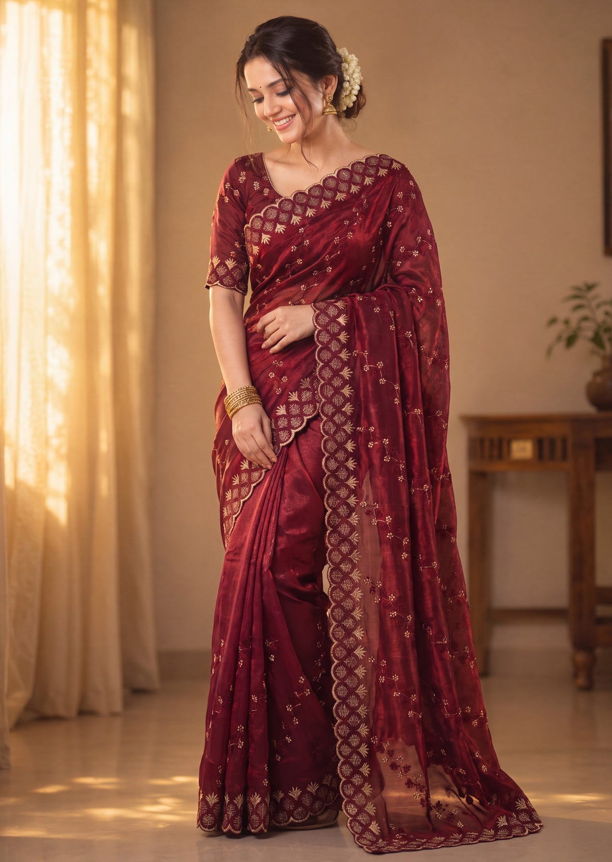 Floral Embroidered NC Satin Saree with Designer Border