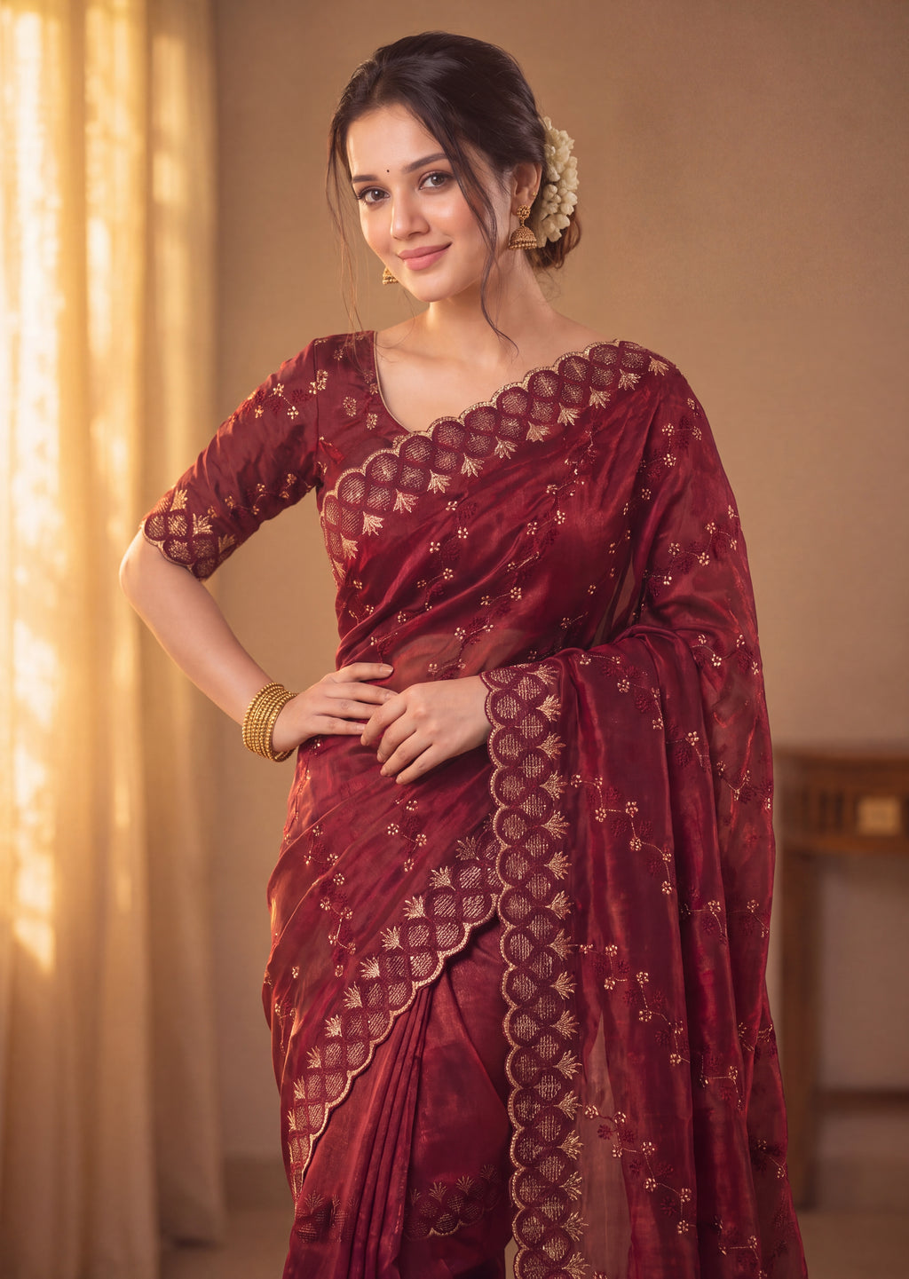Floral Embroidered NC Satin Saree with Designer Border