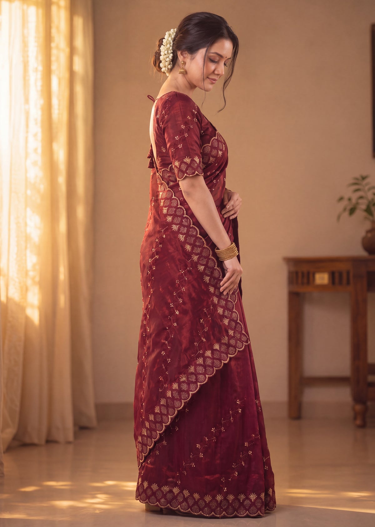 Floral Embroidered NC Satin Saree with Designer Border