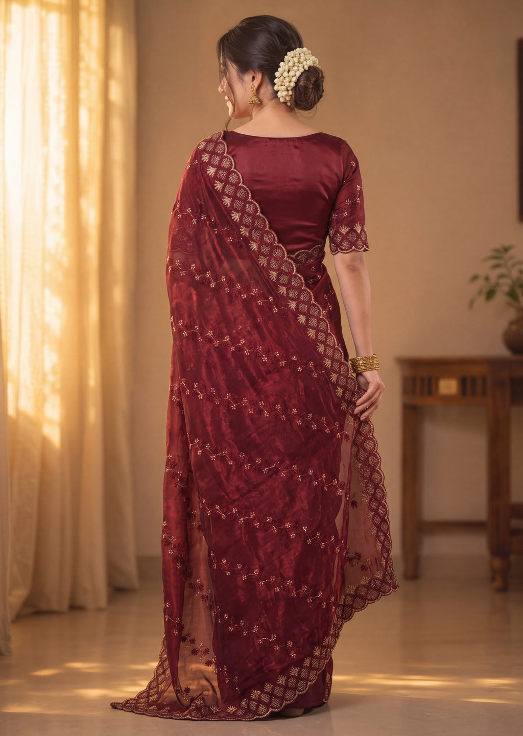 Floral Embroidered NC Satin Saree with Designer Border