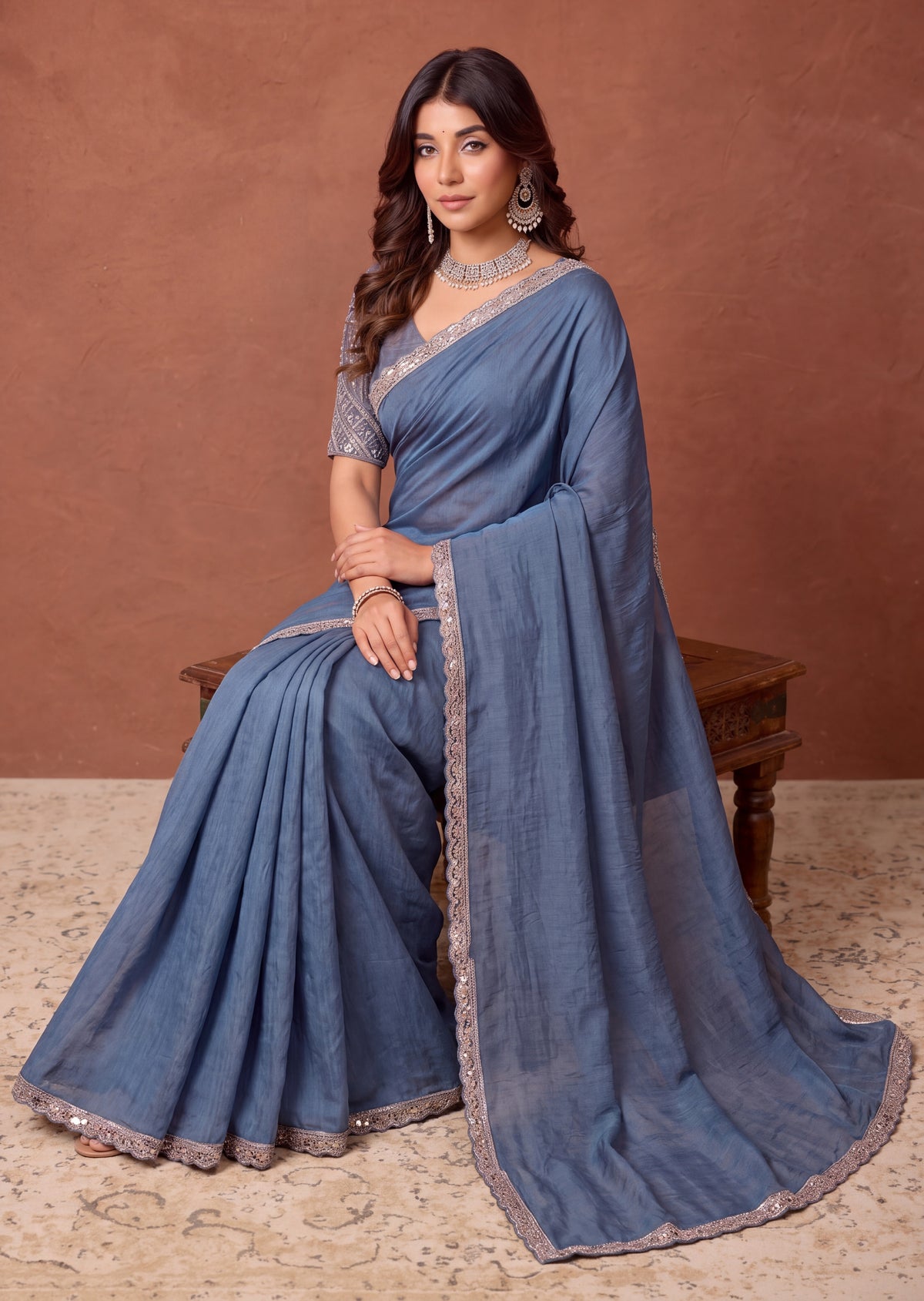 Designer NC Vichitra Embroidered Border Saree