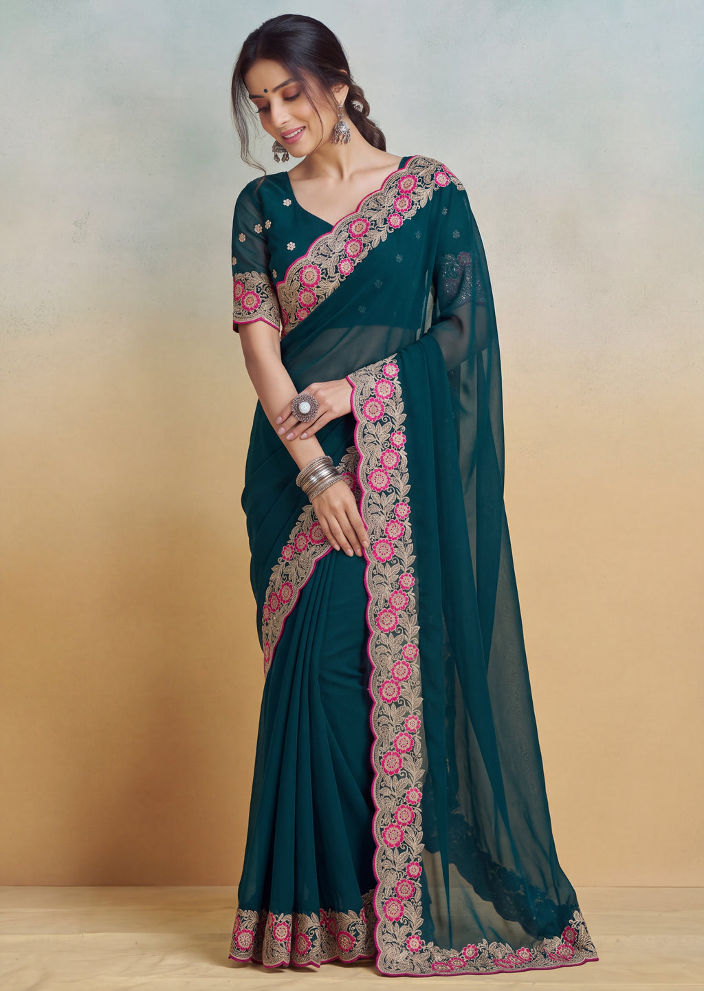 Floral Embroidered Cutwork Elegant Georgette Saree