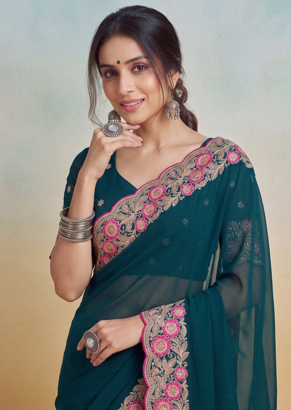 Floral Embroidered Cutwork Elegant Georgette Saree