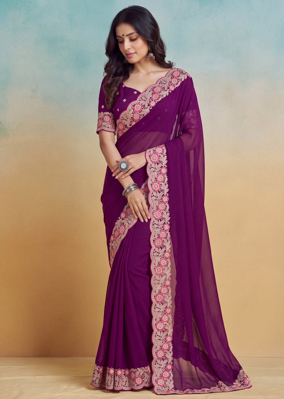 Floral Embroidered Cutwork Elegant Georgette Saree