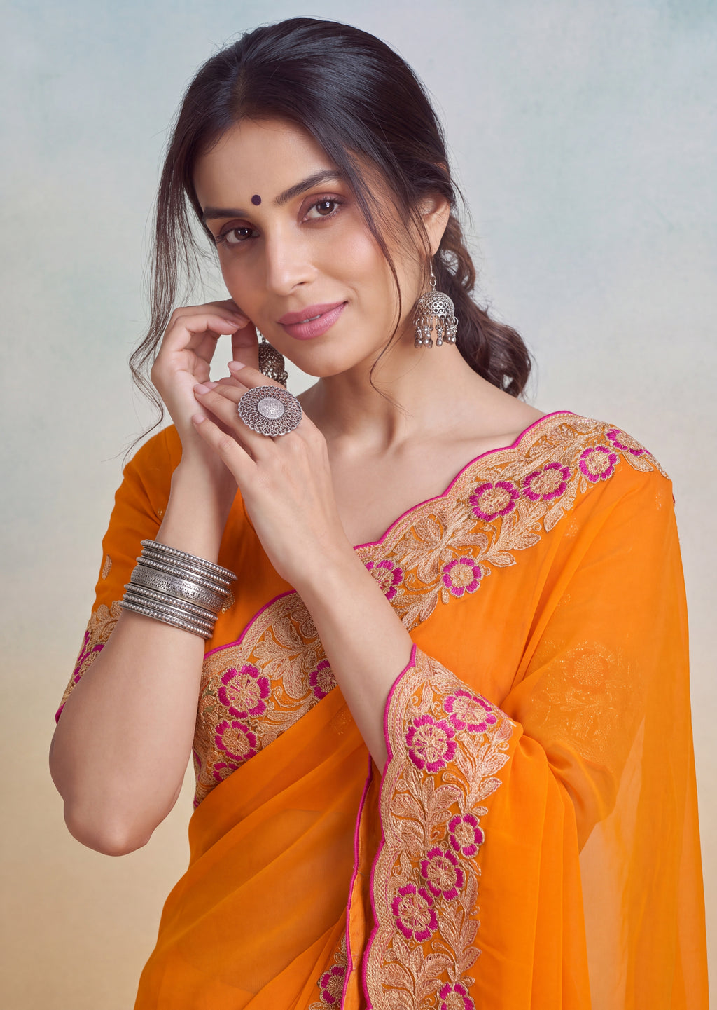 Floral Embroidered Cutwork Elegant Georgette Saree