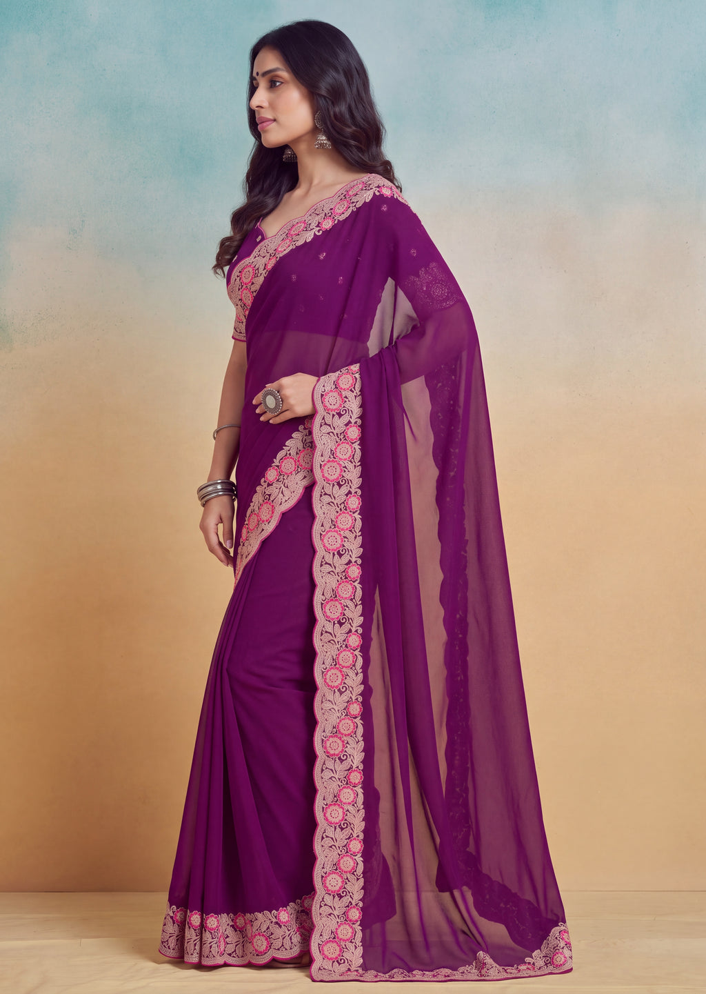 Floral Embroidered Cutwork Elegant Georgette Saree