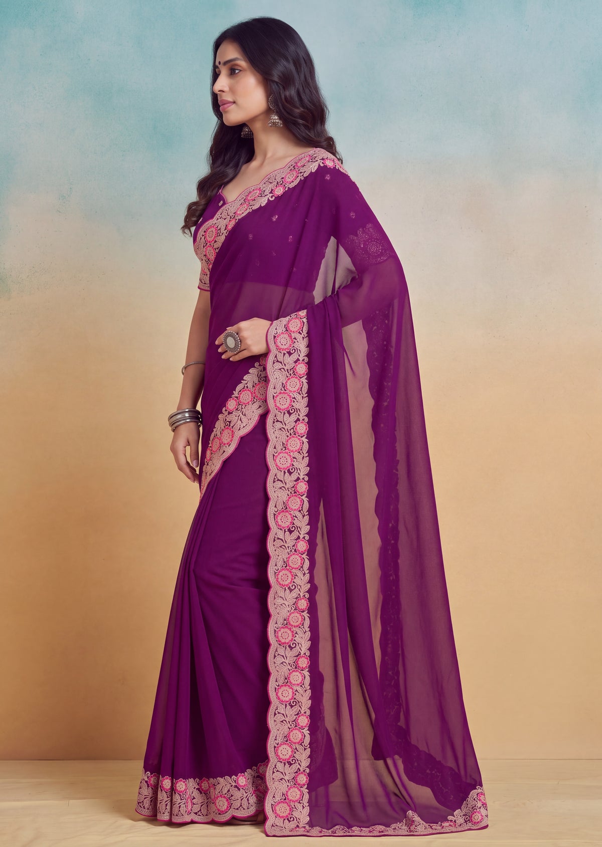 Floral Embroidered Cutwork Elegant Georgette Saree