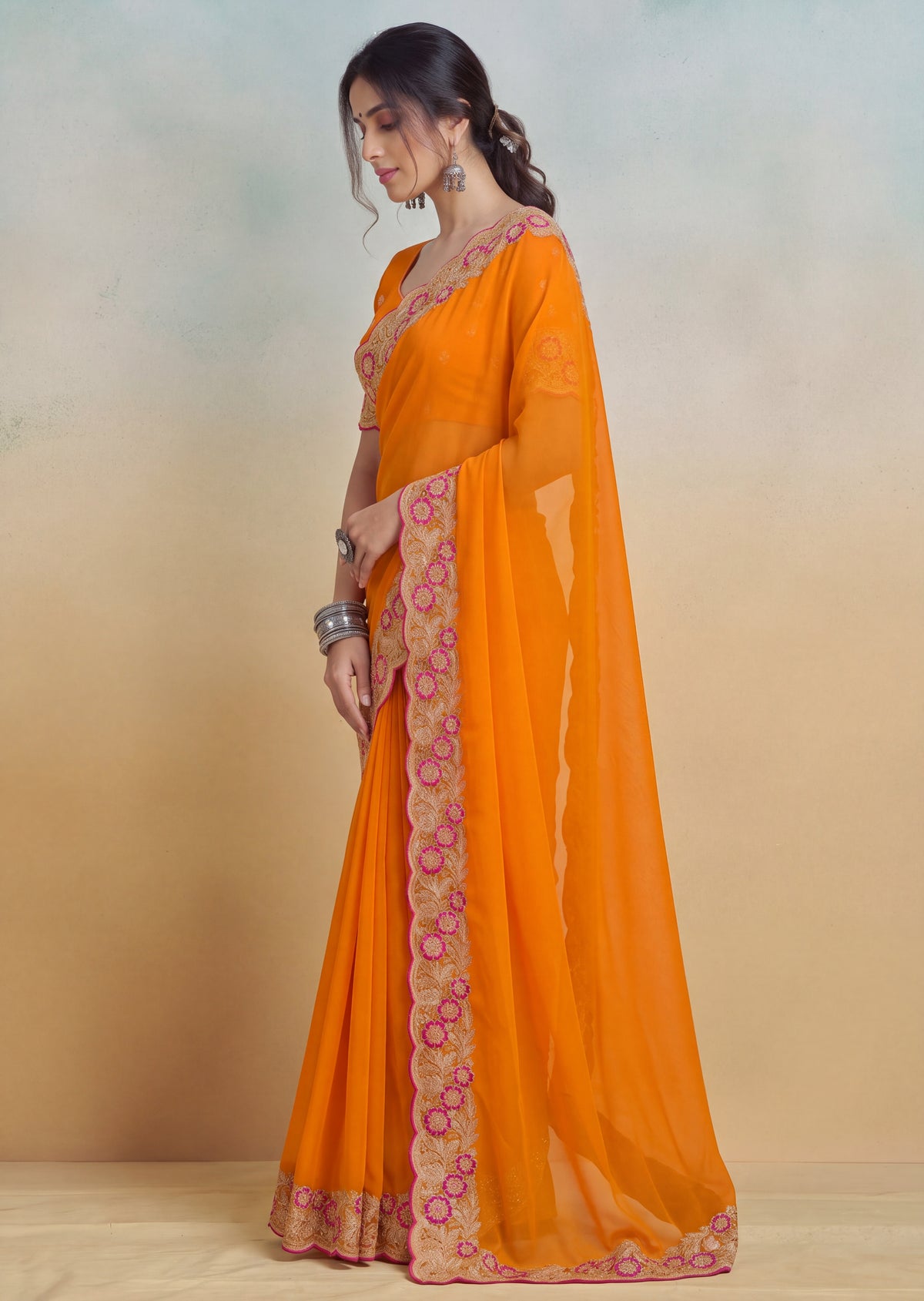 Floral Embroidered Cutwork Elegant Georgette Saree