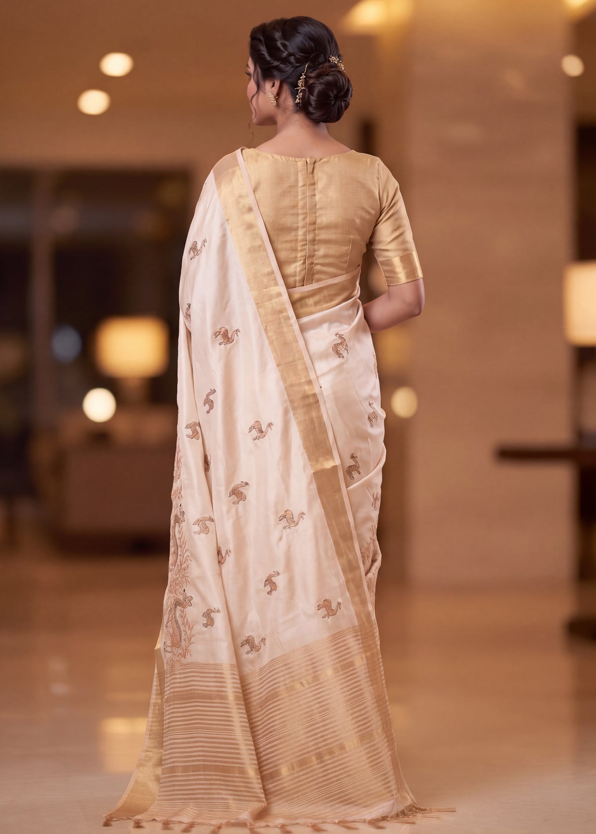 Cream Pure Aasami Silk Saree with Gold Border