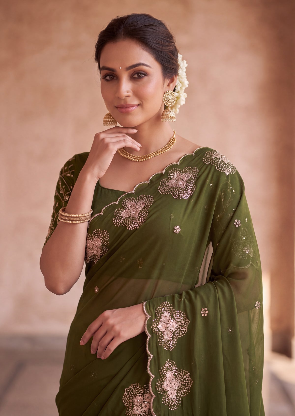 Classy Floral Embroidery Rangoli Saree