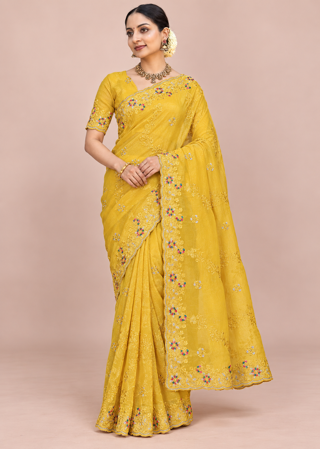 Floral Embroidery Elegant Tissue Silk Saree