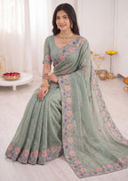 3D Floral Embroidery Two-Tone Crunchy Tissue Saree