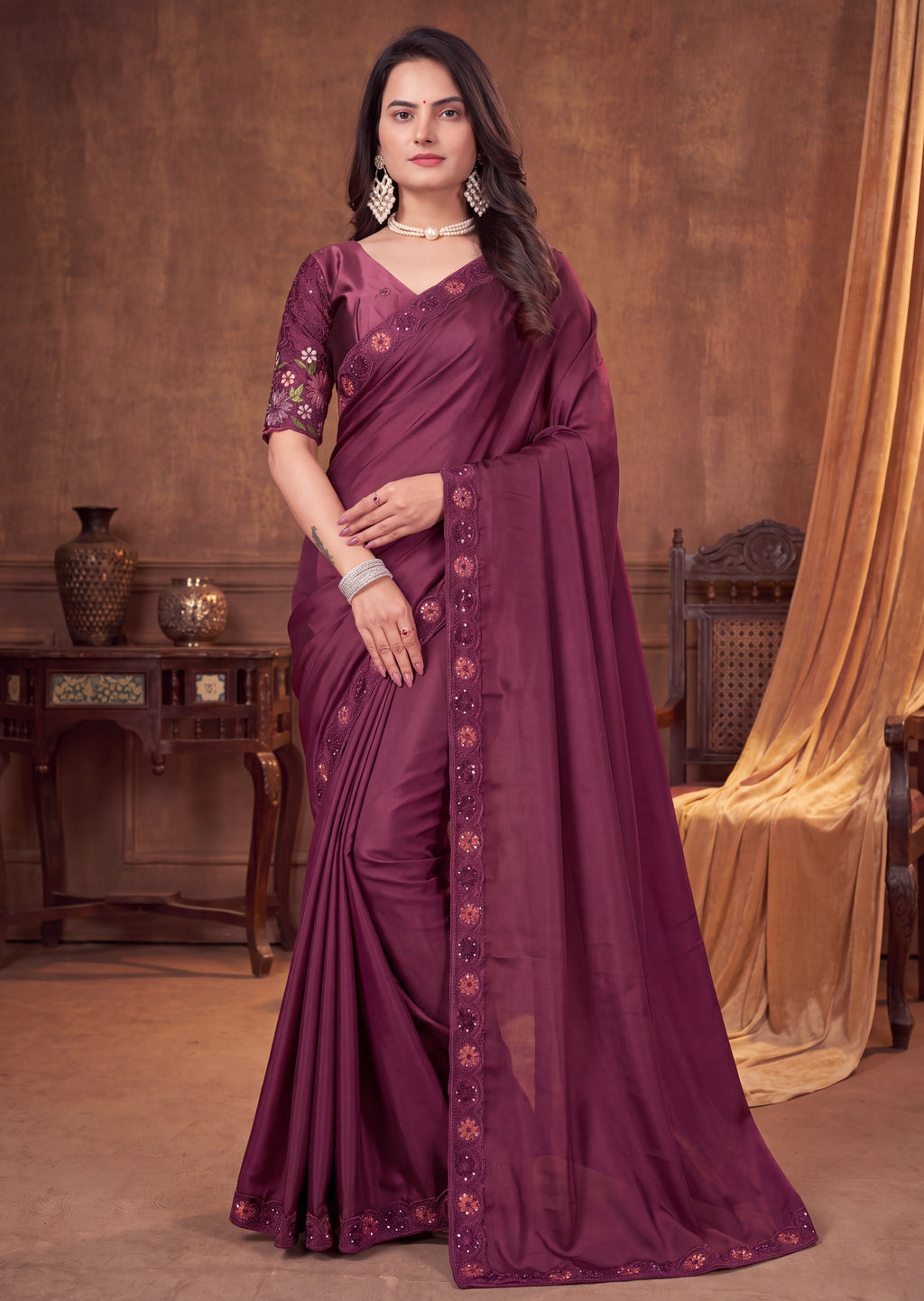 Stylist Party Wear Floral Satin Embroidered Saree
