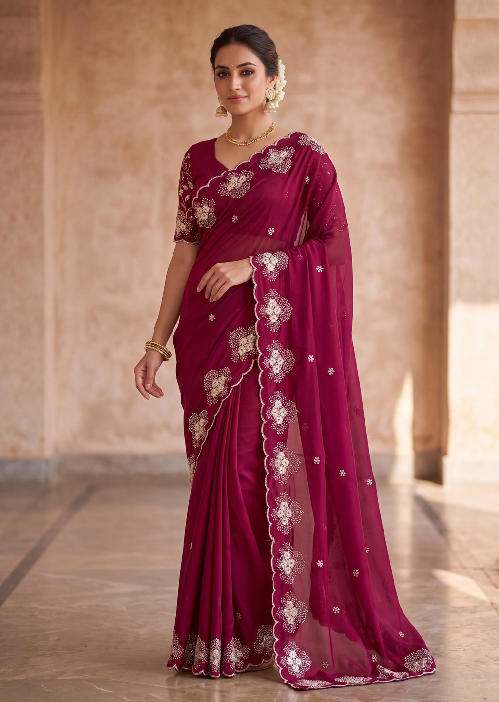 Classy Floral Embroidery Rangoli Saree