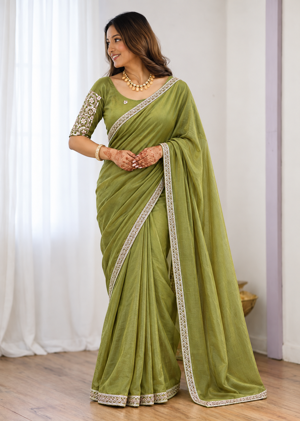 Premium Two-Tone NC Vichitra Beads Handwork Saree