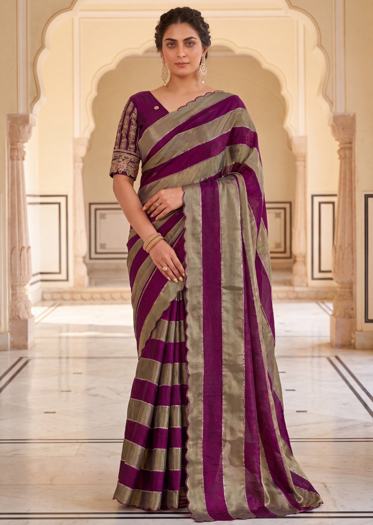 New Designer NC Satin Jarkan Scallop Saree