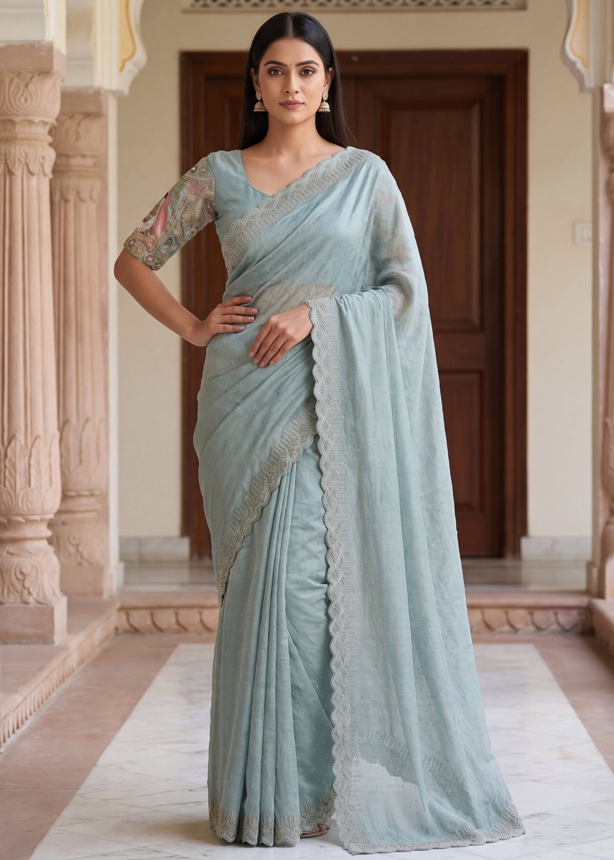 Pearl-Embellished Scalloped Border Saree