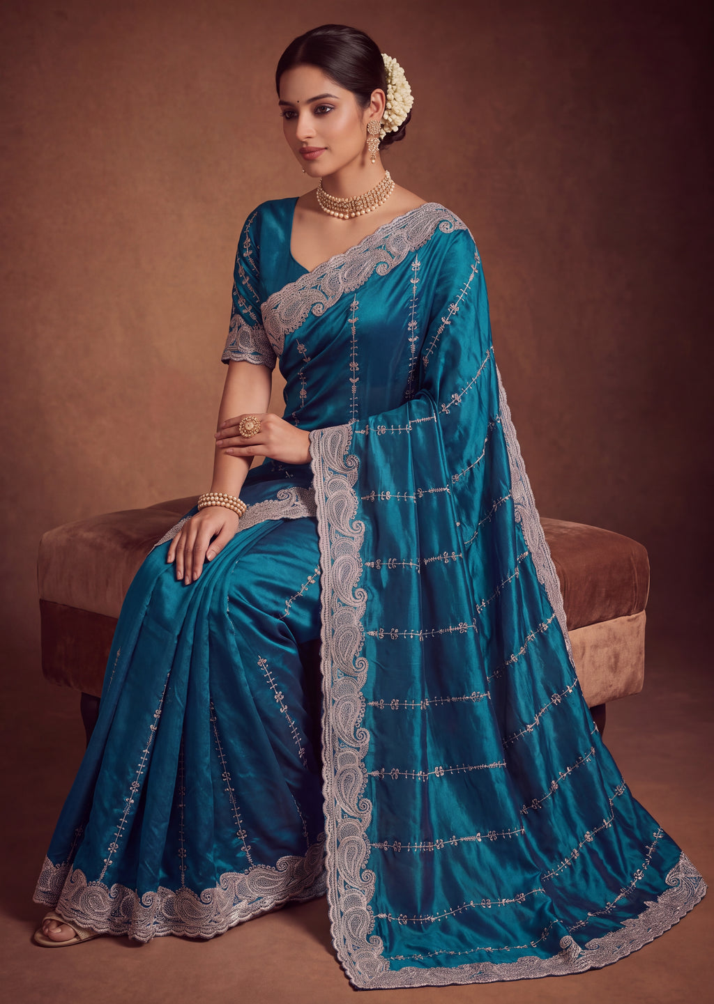 Royal Satin Striped Embroidery Designer Saree