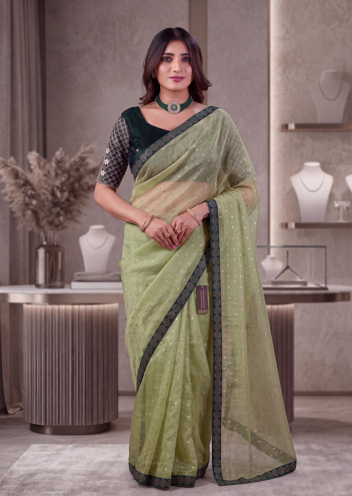 Heavy Sequin Embellished NC Moss Butti Saree
