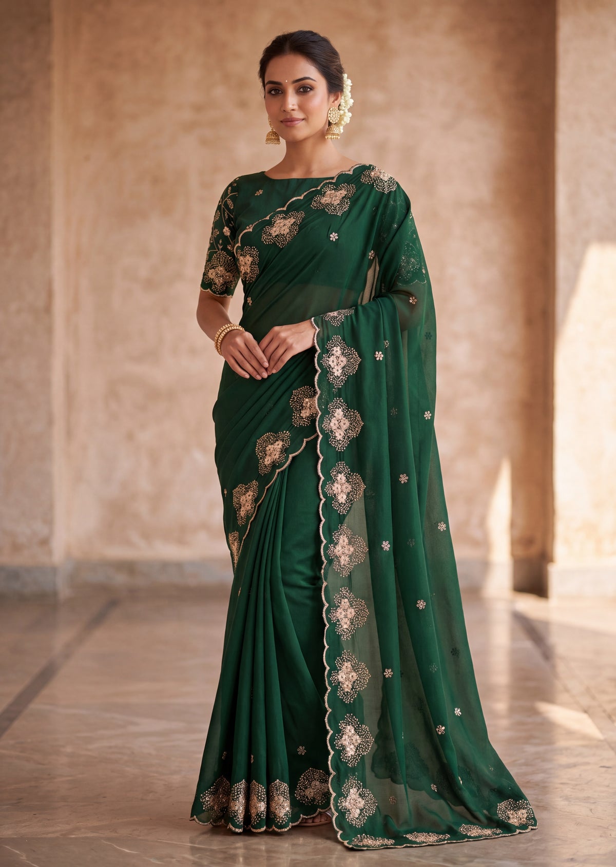 Classy Floral Embroidery Rangoli Saree