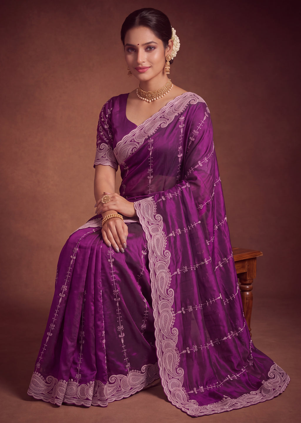 Royal Satin Striped Embroidery Designer Saree