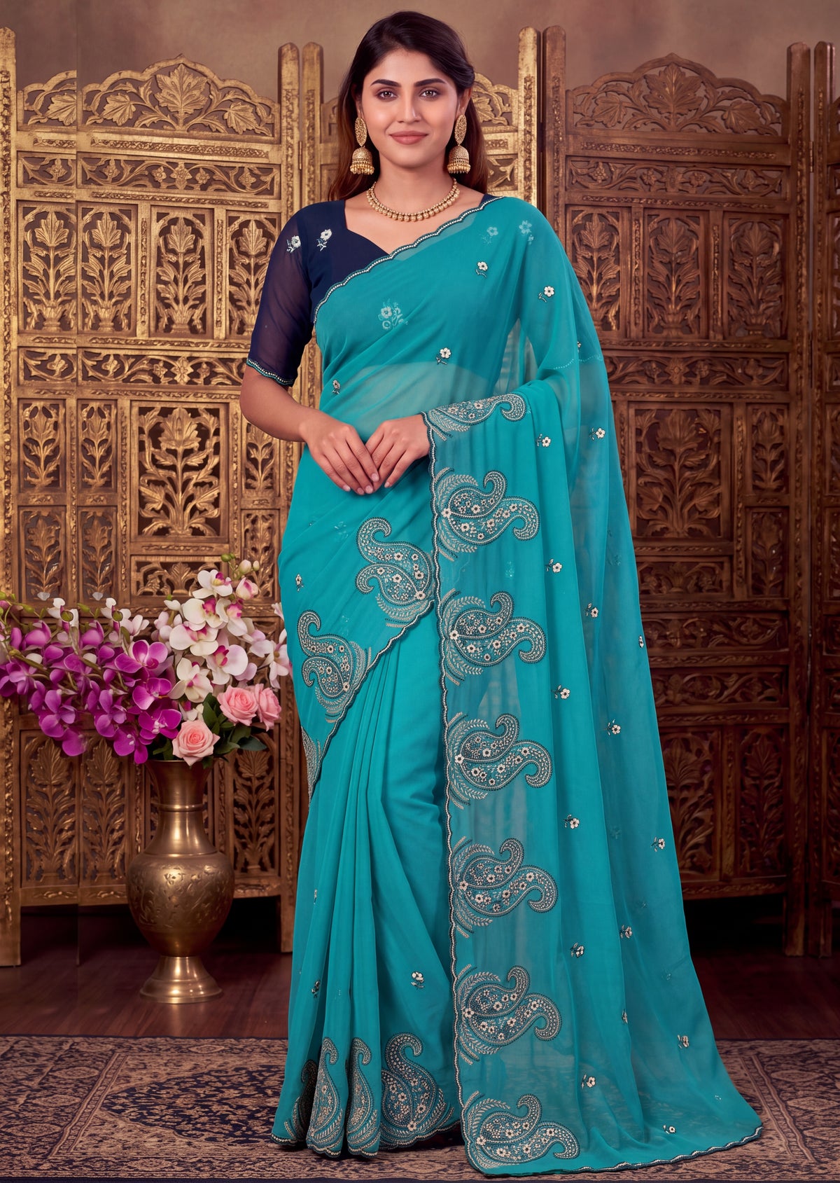 Festive Paisley Embroidered Georgette Saree