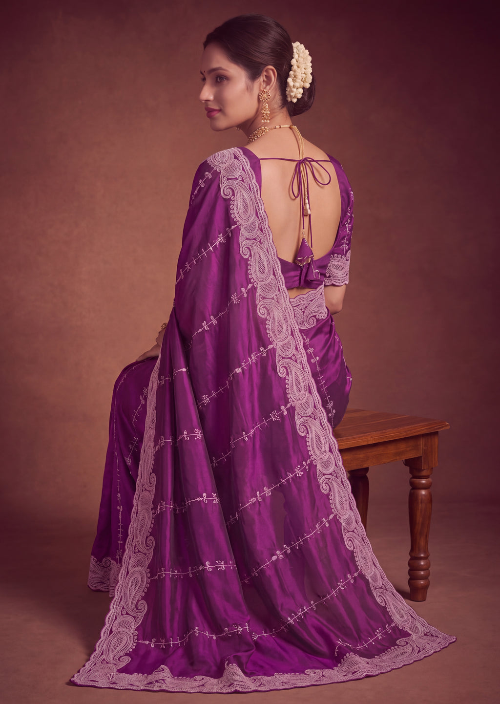 Royal Satin Striped Embroidery Designer Saree