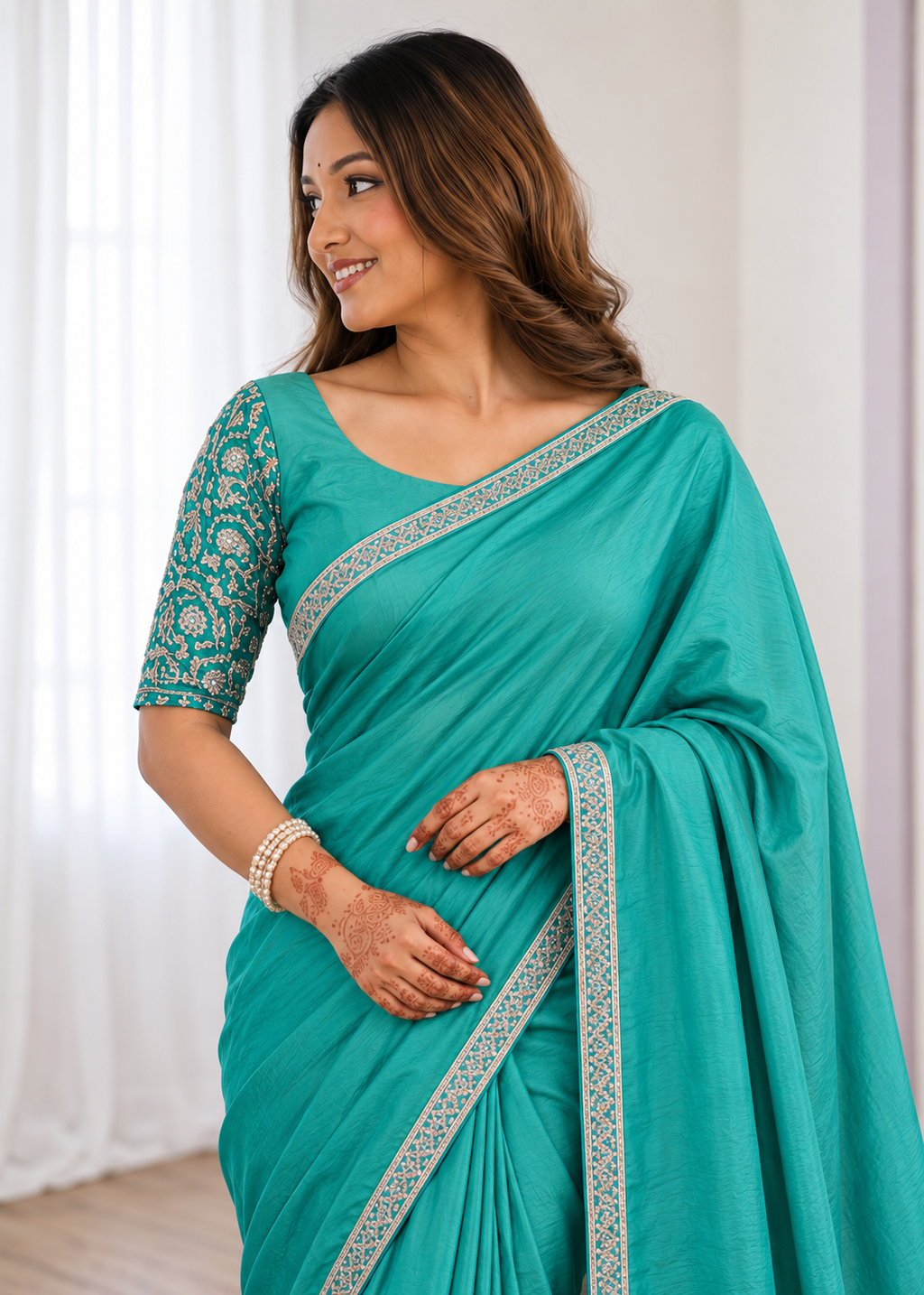 Premium Two-Tone NC Vichitra Beads Handwork Saree