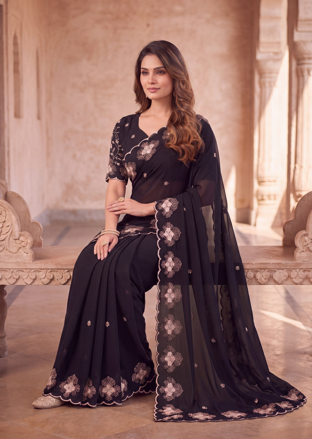 Classy Floral Embroidery Rangoli Saree
